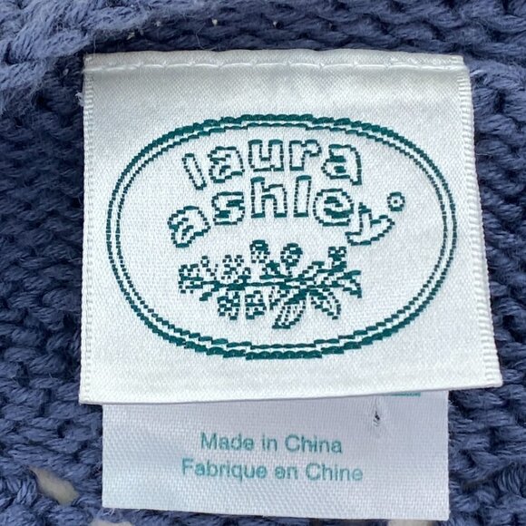 Vintage Laura Ashley Sz L Blue Sweater Cotton Cable Knit & Embroidery Oversized - Picture 12 of 15